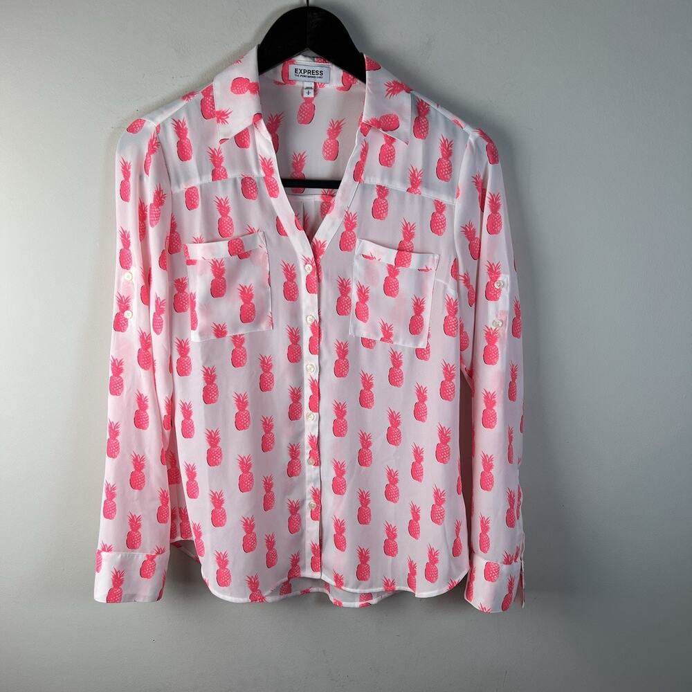 Express The Portofino Top Small White Pink Polka Pineapple Print Novelty